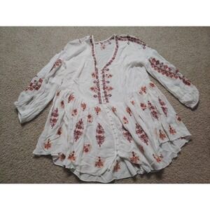 Free People Women Embroidered Peasant Mini Tunic Dress/Top Sz XS White Boho...